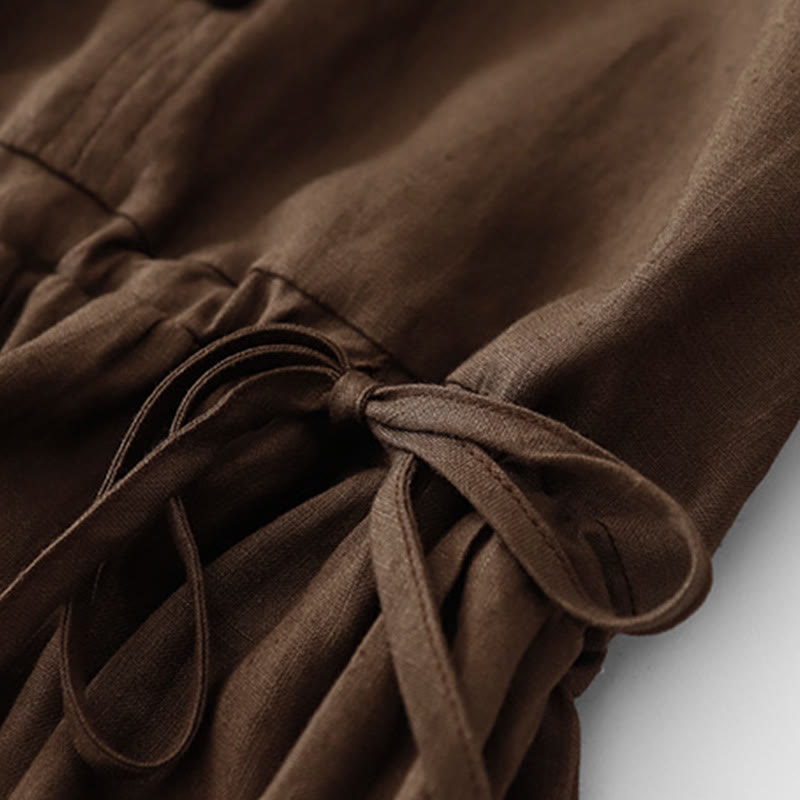 Abito midi in lino e cotone con maniche corte, stile vintage casual, tinta unita, con coulisse e tasche, motivo Buddha Stones - image 3