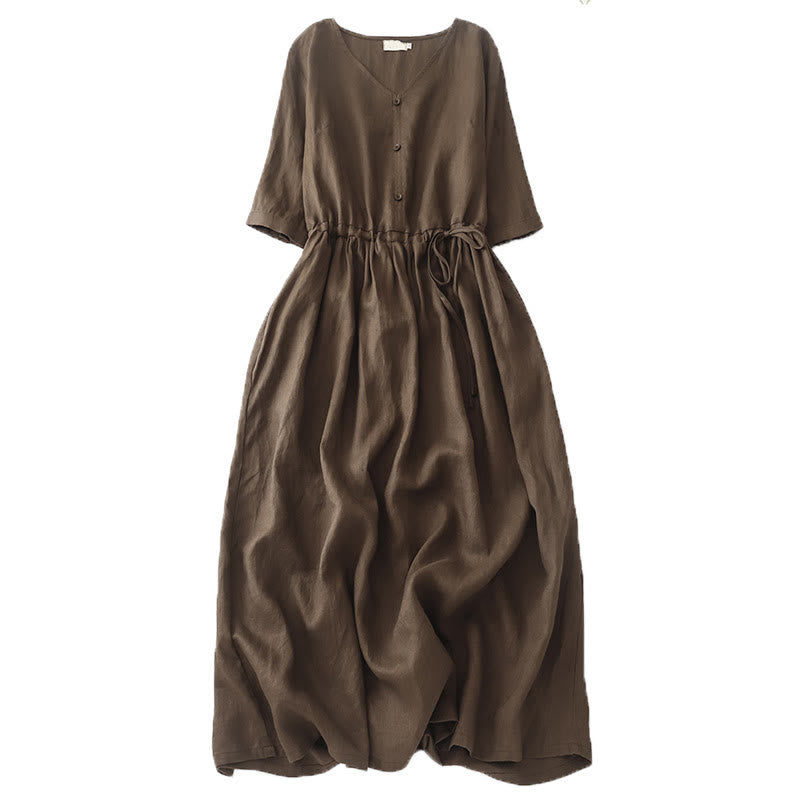 Abito midi in lino e cotone con maniche corte, stile vintage casual, tinta unita, con coulisse e tasche, motivo Buddha Stones - Marrone sella - US8-10, UK/AU12-14, EU40-42 (2XL) - image 0