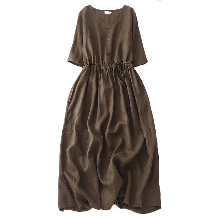 Abito midi in lino e cotone con maniche corte, stile vintage casual, tinta unita, con coulisse e tasche, motivo Buddha Stones - Marrone sella - US8-10, UK/AU12-14, EU40-42 (2XL) - image 0