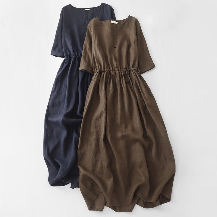 Abito midi in lino e cotone con maniche corte, stile vintage casual, tinta unita, con coulisse e tasche, motivo Buddha Stones - image 17