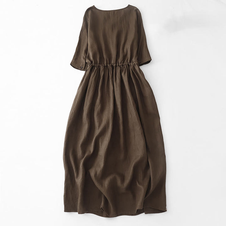 Abito midi in lino e cotone con maniche corte, stile vintage casual, tinta unita, con coulisse e tasche, motivo Buddha Stones - image 1