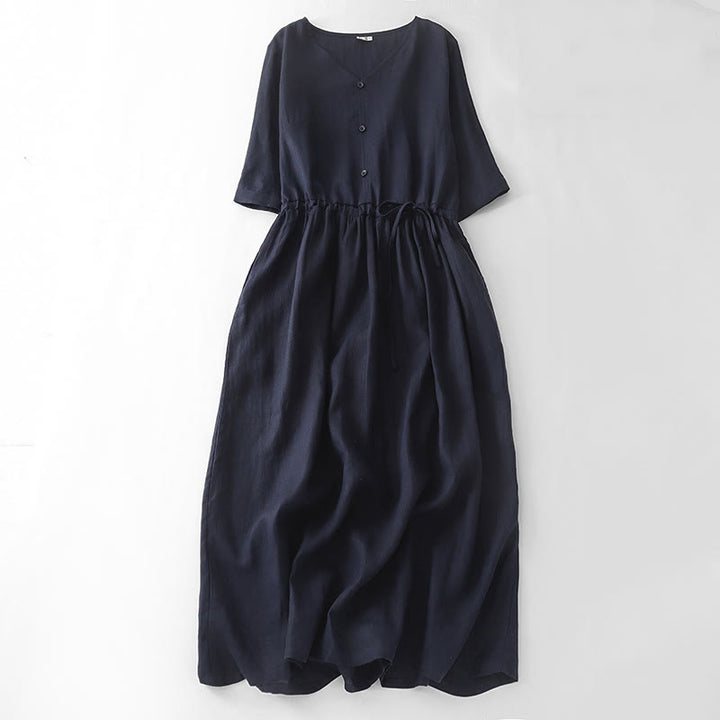 Abito midi in lino e cotone con maniche corte, stile vintage casual, tinta unita, con coulisse e tasche, motivo Buddha Stones - Blu notte - US8-10, UK/AU12-14, EU40-42 (2XL) - image 10