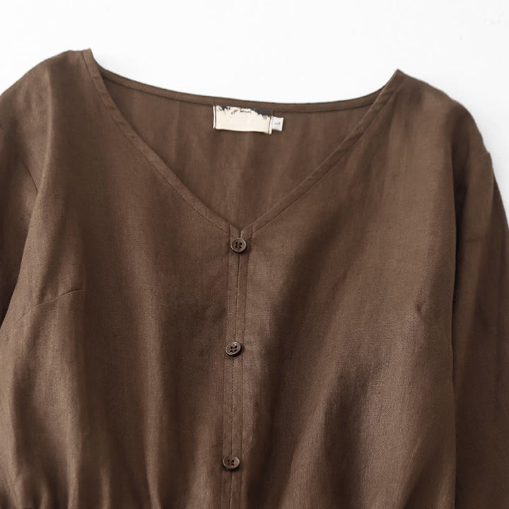 Abito midi in lino e cotone con maniche corte, stile vintage casual, tinta unita, con coulisse e tasche, motivo Buddha Stones - image 2