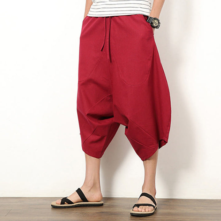 Pantaloni da uomo in cotone e lino con coulisse, modello Buddha Stones, modello primavera, semplici e patchwork, con tasche, lunghezza 7-8