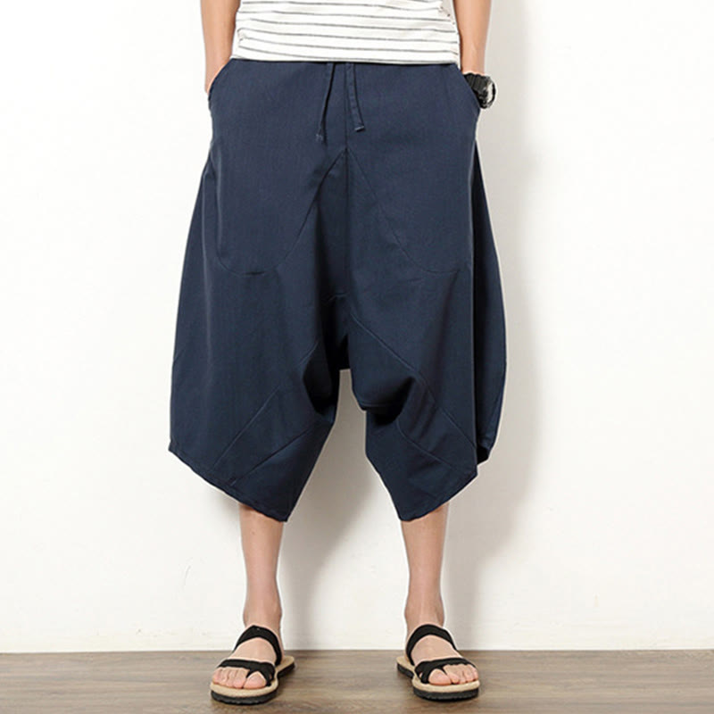 Pantaloni da uomo in cotone e lino con coulisse, modello Buddha Stones, modello primavera, semplici e patchwork, con tasche, lunghezza 7-8