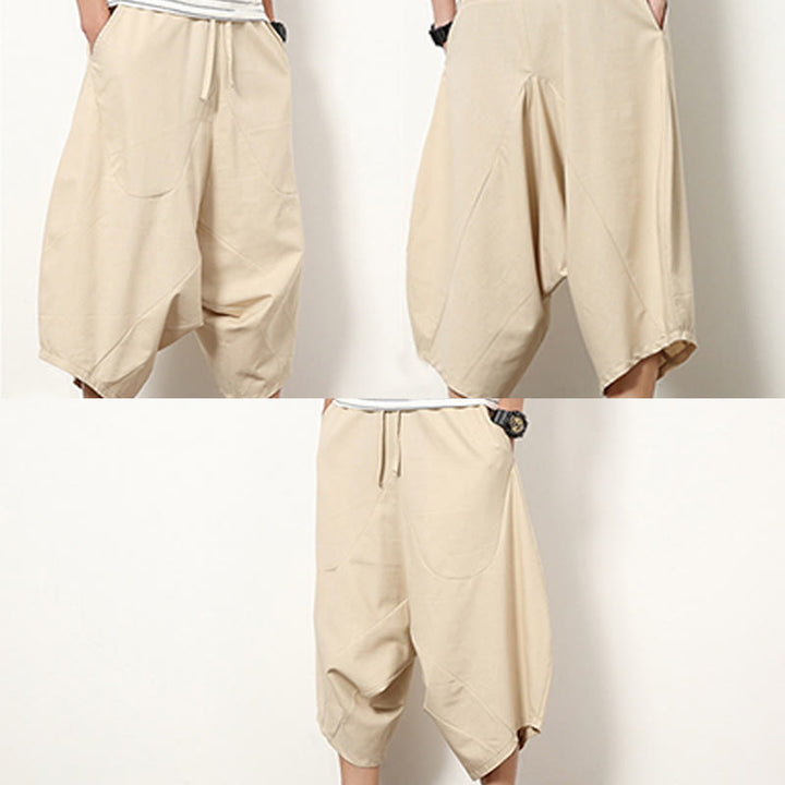Pantaloni da uomo in cotone e lino con coulisse, modello Buddha Stones, modello primavera, semplici e patchwork, con tasche, lunghezza 7-8