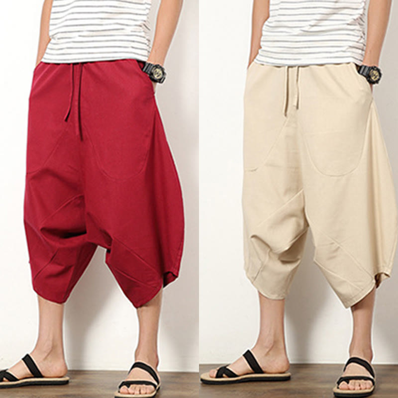 Pantaloni da uomo in cotone e lino con coulisse, modello Buddha Stones, modello primavera, semplici e patchwork, con tasche, lunghezza 7-8