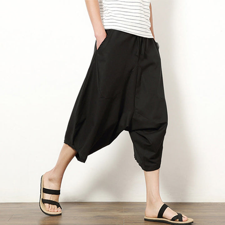 Pantaloni da uomo in cotone e lino con coulisse, modello Buddha Stones, modello primavera, semplici e patchwork, con tasche, lunghezza 7-8