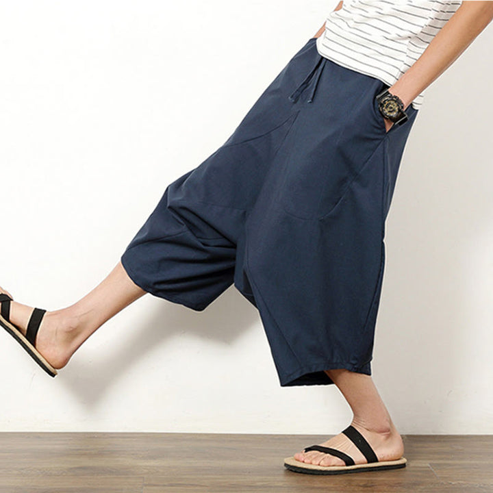 Pantaloni da uomo in cotone e lino con coulisse, modello Buddha Stones, modello primavera, semplici e patchwork, con tasche, lunghezza 7-8