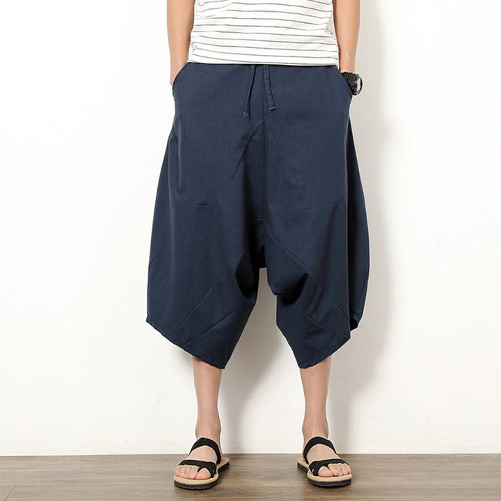 Pantaloni da uomo in cotone e lino con coulisse, modello Buddha Stones, modello primavera, semplici e patchwork, con tasche, lunghezza 7-8