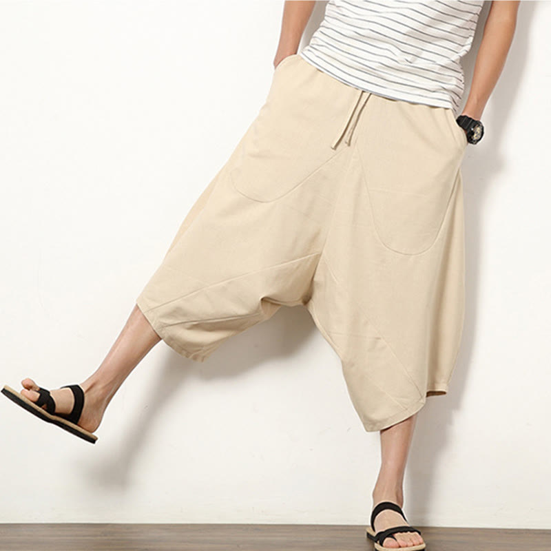 Pantaloni da uomo in cotone e lino con coulisse, modello Buddha Stones, modello primavera, semplici e patchwork, con tasche, lunghezza 7-8