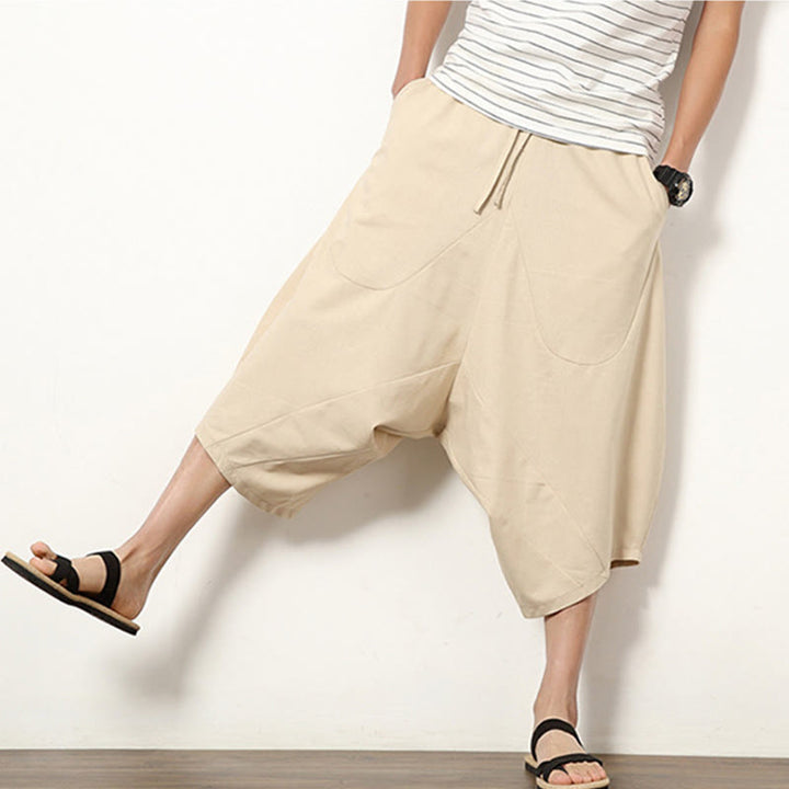 Pantaloni da uomo in cotone e lino con coulisse, modello Buddha Stones, modello primavera, semplici e patchwork, con tasche, lunghezza 7-8