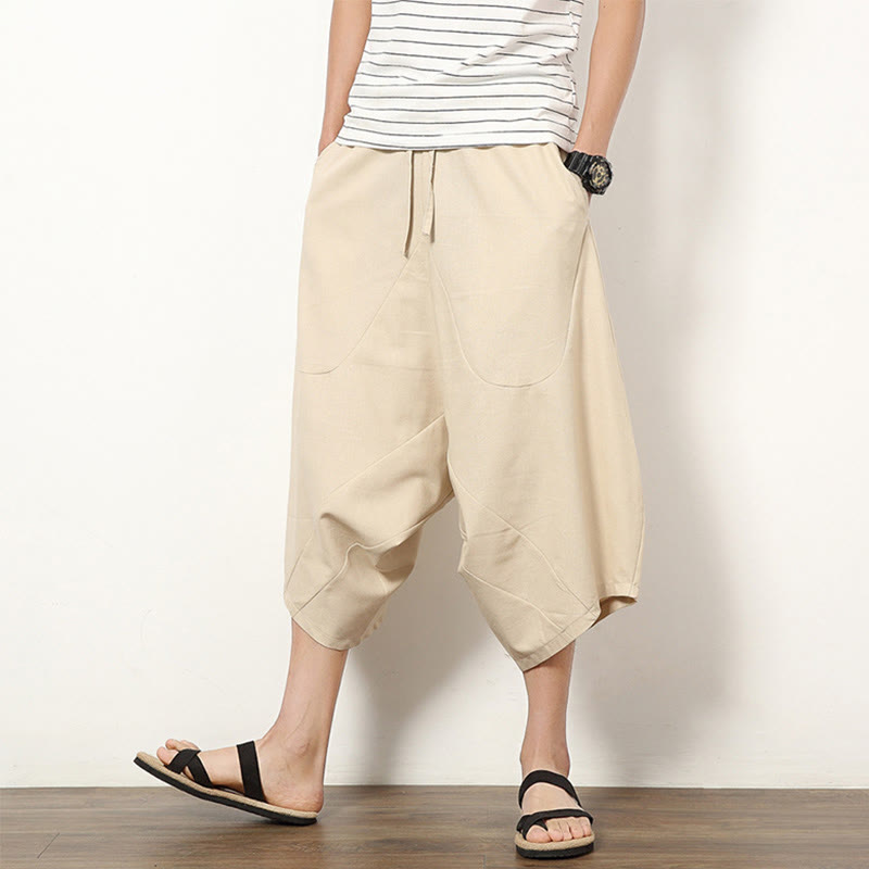 Pantaloni da uomo in cotone e lino con coulisse, modello Buddha Stones, modello primavera, semplici e patchwork, con tasche, lunghezza 7-8