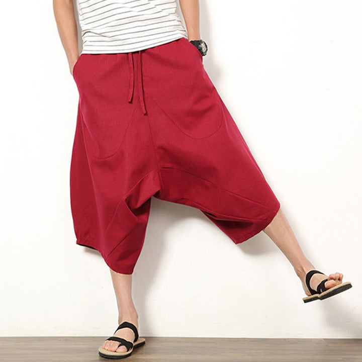 Pantaloni da uomo in cotone e lino con coulisse, modello Buddha Stones, modello primavera, semplici e patchwork, con tasche, lunghezza 7-8