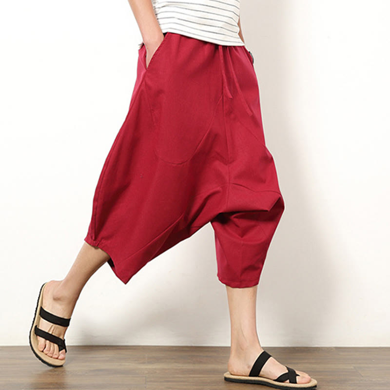Pantaloni da uomo in cotone e lino con coulisse, modello Buddha Stones, modello primavera, semplici e patchwork, con tasche, lunghezza 7-8