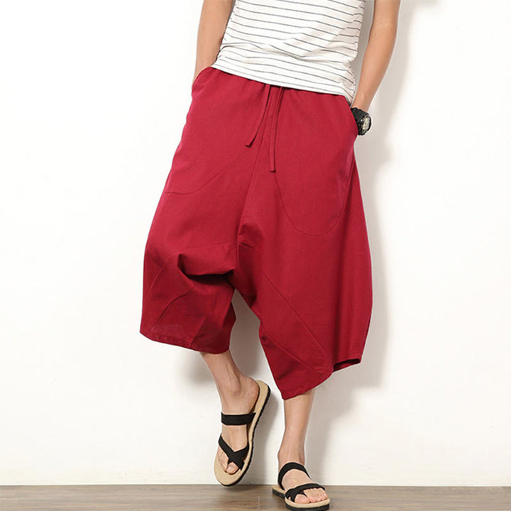 Pantaloni da uomo in cotone e lino con coulisse, modello Buddha Stones, modello primavera, semplici e patchwork, con tasche, lunghezza 7-8