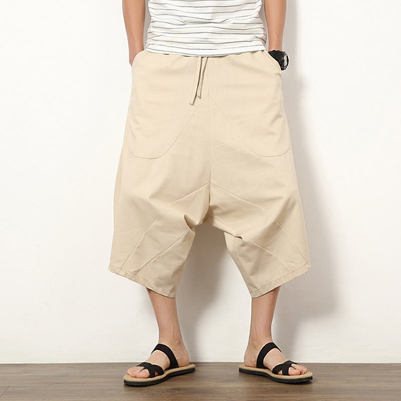 Pantaloni da uomo in cotone e lino con coulisse, modello Buddha Stones, modello primavera, semplici e patchwork, con tasche, lunghezza 7-8