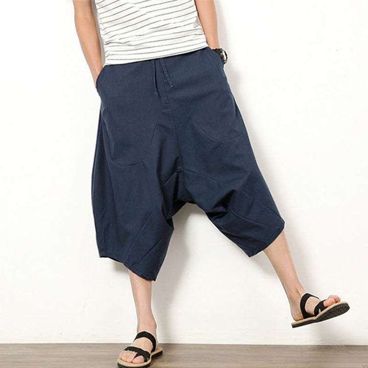 Pantaloni da uomo in cotone e lino con coulisse, modello Buddha Stones, modello primavera, semplici e patchwork, con tasche, lunghezza 7-8