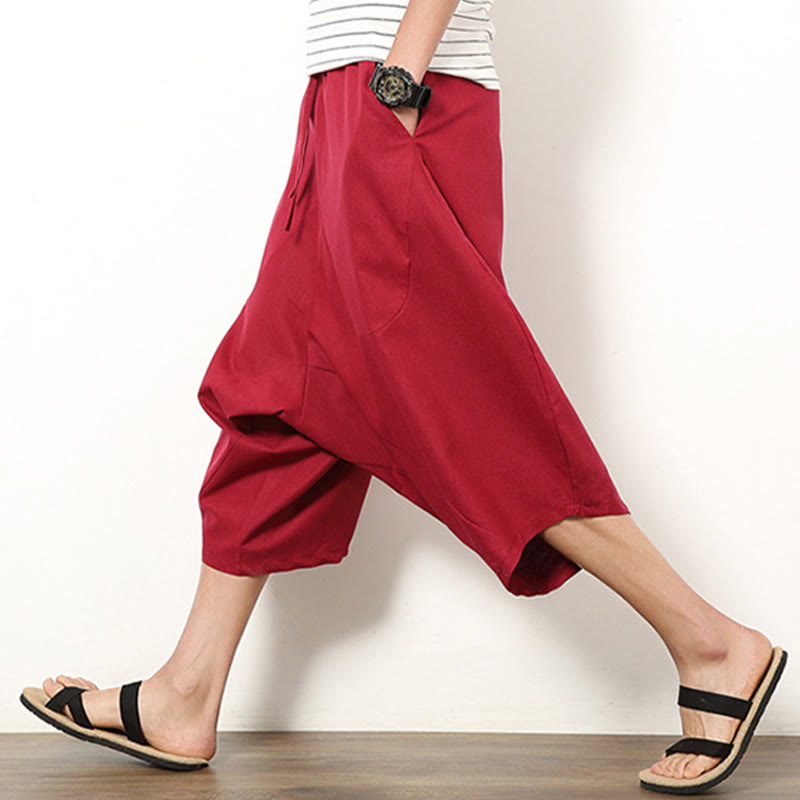 Pantaloni da uomo in cotone e lino con coulisse, modello Buddha Stones, modello primavera, semplici e patchwork, con tasche, lunghezza 7-8