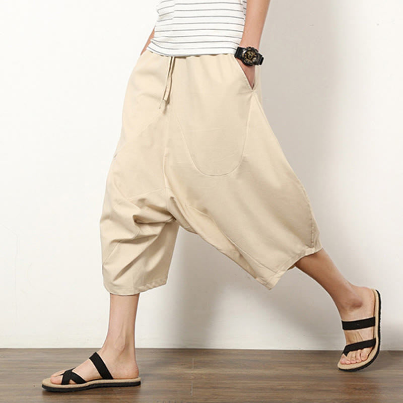 Pantaloni da uomo in cotone e lino con coulisse, modello Buddha Stones, modello primavera, semplici e patchwork, con tasche, lunghezza 7-8