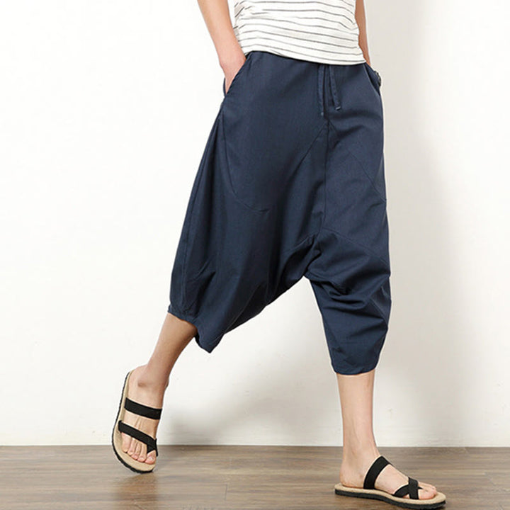 Pantaloni da uomo in cotone e lino con coulisse, modello Buddha Stones, modello primavera, semplici e patchwork, con tasche, lunghezza 7-8