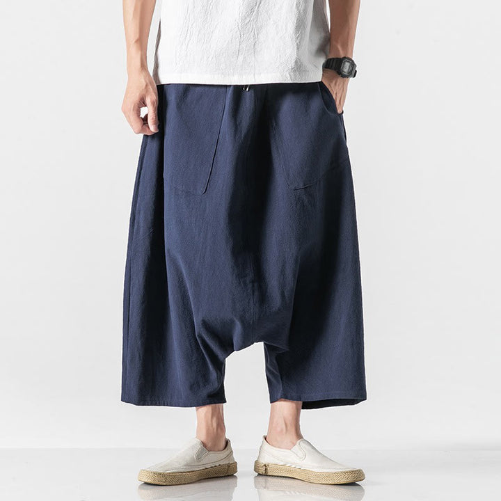 Pantaloni da uomo in cotone e lino con coulisse, gamba larga, lunghezza 7-8, con tasche, modello Buddha Stones, casual, con cavallo basso