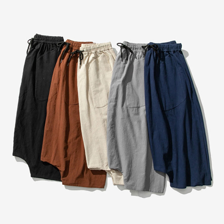 Pantaloni da uomo in cotone e lino con coulisse, gamba larga, lunghezza 7-8, con tasche, modello Buddha Stones, casual, con cavallo basso