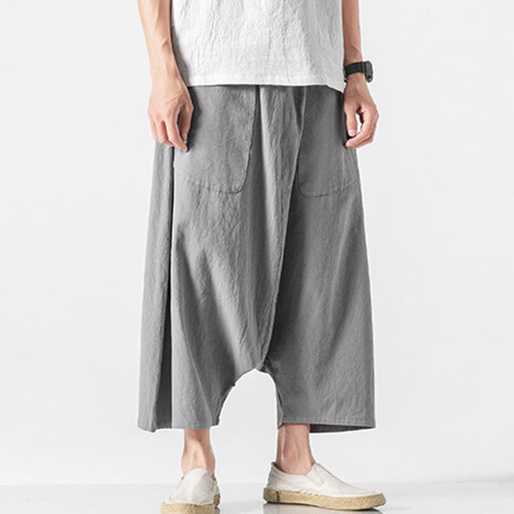 Pantaloni da uomo in cotone e lino con coulisse, gamba larga, lunghezza 7-8, con tasche, modello Buddha Stones, casual, con cavallo basso