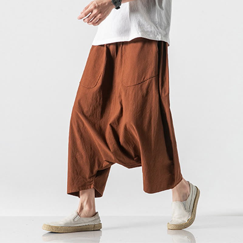 Pantaloni da uomo in cotone e lino con coulisse, gamba larga, lunghezza 7-8, con tasche, modello Buddha Stones, casual, con cavallo basso
