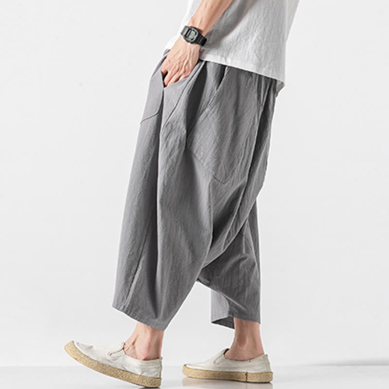 Pantaloni da uomo in cotone e lino con coulisse, gamba larga, lunghezza 7-8, con tasche, modello Buddha Stones, casual, con cavallo basso