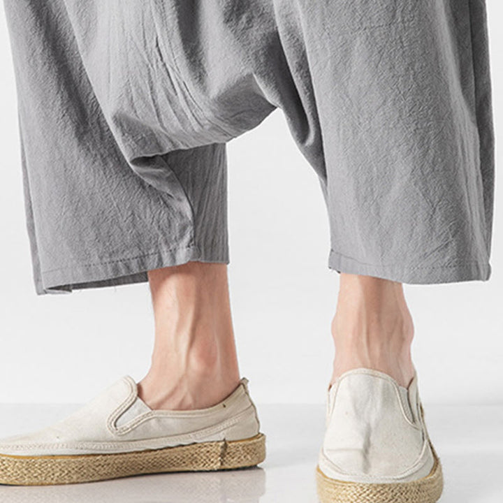 Pantaloni da uomo in cotone e lino con coulisse, gamba larga, lunghezza 7-8, con tasche, modello Buddha Stones, casual, con cavallo basso
