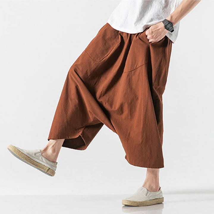 Pantaloni da uomo in cotone e lino con coulisse, gamba larga, lunghezza 7-8, con tasche, modello Buddha Stones, casual, con cavallo basso