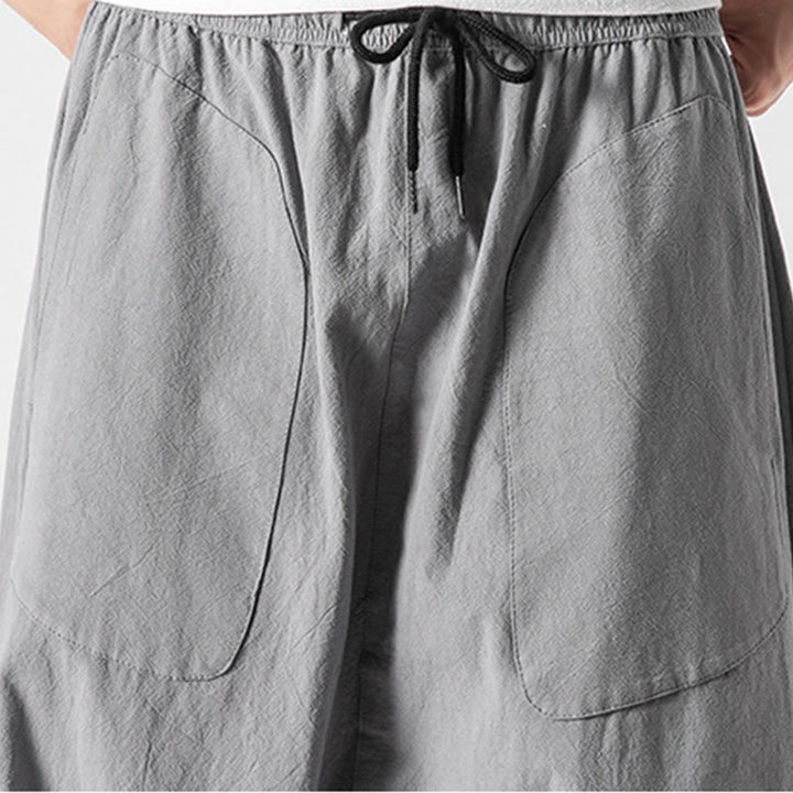 Pantaloni da uomo in cotone e lino con coulisse, gamba larga, lunghezza 7-8, con tasche, modello Buddha Stones, casual, con cavallo basso