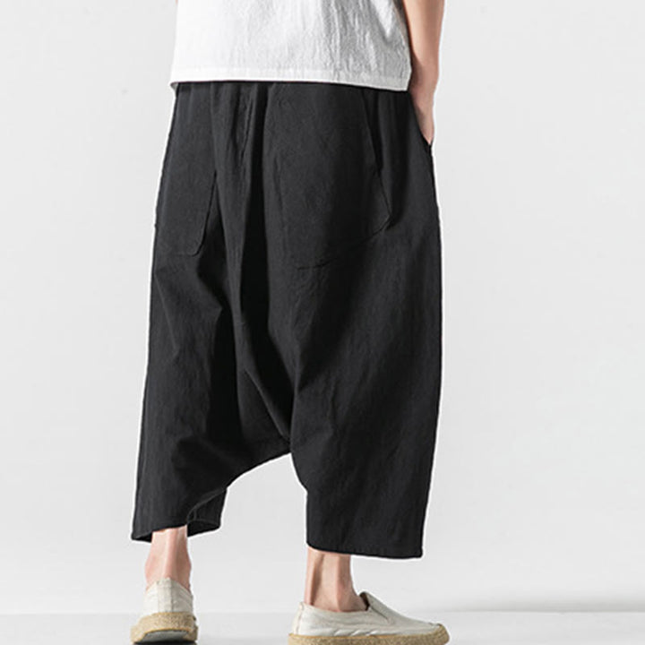 Pantaloni da uomo in cotone e lino con coulisse, gamba larga, lunghezza 7-8, con tasche, modello Buddha Stones, casual, con cavallo basso