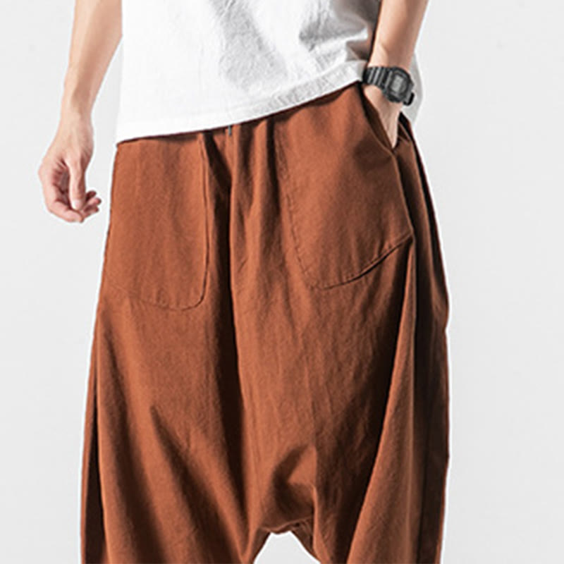 Pantaloni da uomo in cotone e lino con coulisse, gamba larga, lunghezza 7-8, con tasche, modello Buddha Stones, casual, con cavallo basso