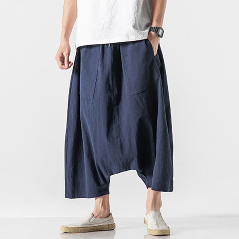 Pantaloni da uomo in cotone e lino con coulisse, gamba larga, lunghezza 7-8, con tasche, modello Buddha Stones, casual, con cavallo basso