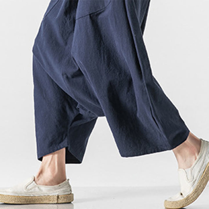 Pantaloni da uomo in cotone e lino con coulisse, gamba larga, lunghezza 7-8, con tasche, modello Buddha Stones, casual, con cavallo basso