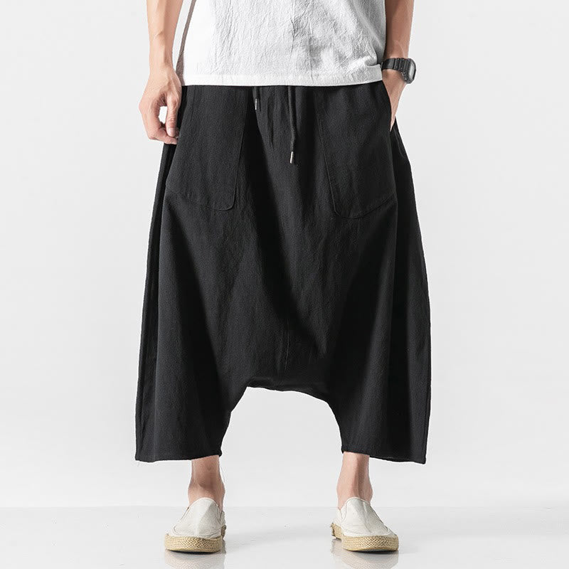Pantaloni da uomo in cotone e lino con coulisse, gamba larga, lunghezza 7-8, con tasche, modello Buddha Stones, casual, con cavallo basso