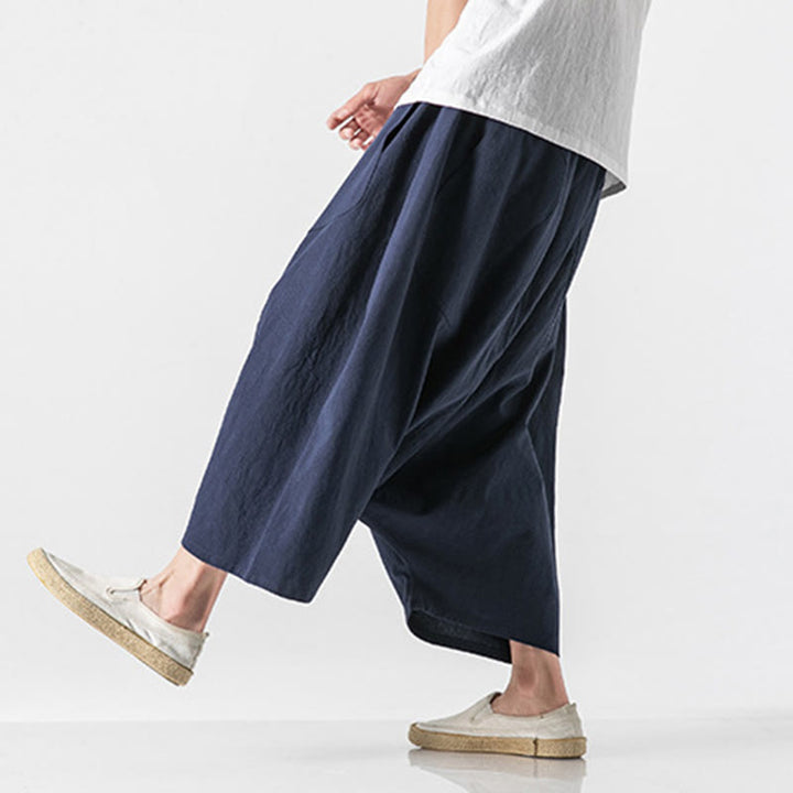 Pantaloni da uomo in cotone e lino con coulisse, gamba larga, lunghezza 7-8, con tasche, modello Buddha Stones, casual, con cavallo basso