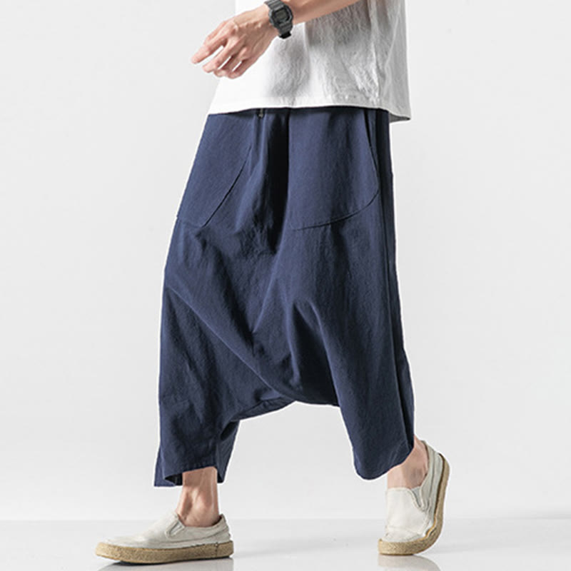 Pantaloni da uomo in cotone e lino con coulisse, gamba larga, lunghezza 7-8, con tasche, modello Buddha Stones, casual, con cavallo basso