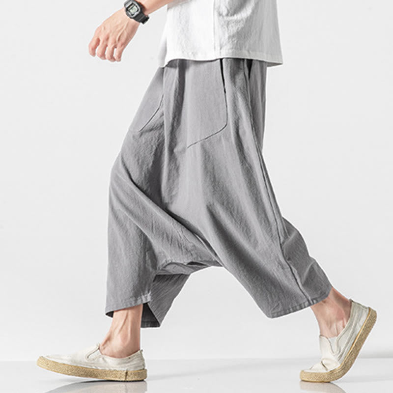 Pantaloni da uomo in cotone e lino con coulisse, gamba larga, lunghezza 7-8, con tasche, modello Buddha Stones, casual, con cavallo basso
