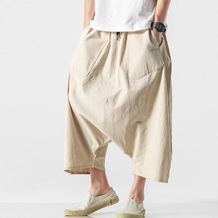 Pantaloni da uomo in cotone e lino con coulisse, gamba larga, lunghezza 7-8, con tasche, modello Buddha Stones, casual, con cavallo basso