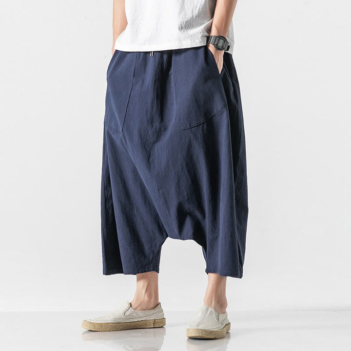 Pantaloni da uomo in cotone e lino con coulisse, gamba larga, lunghezza 7-8, con tasche, modello Buddha Stones, casual, con cavallo basso