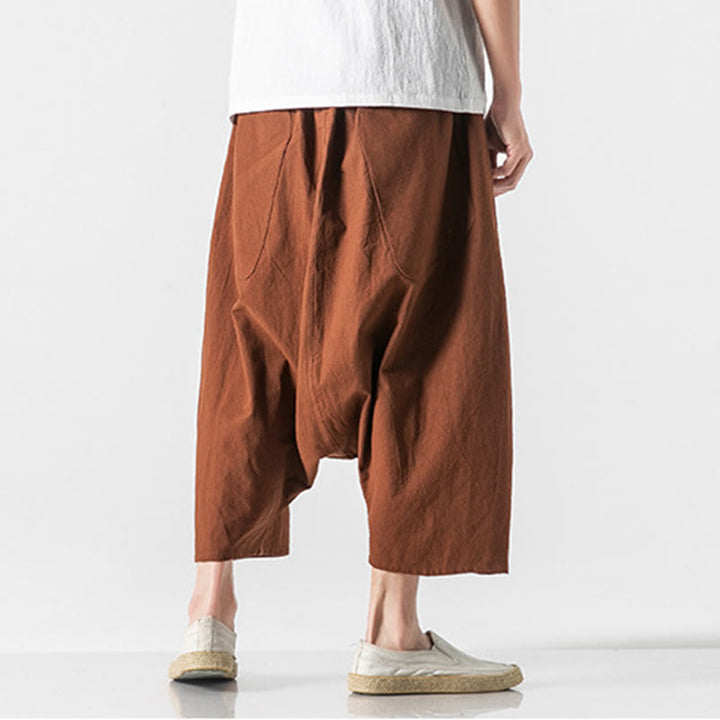 Pantaloni da uomo in cotone e lino con coulisse, gamba larga, lunghezza 7-8, con tasche, modello Buddha Stones, casual, con cavallo basso