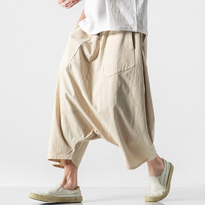 Pantaloni da uomo in cotone e lino con coulisse, gamba larga, lunghezza 7-8, con tasche, modello Buddha Stones, casual, con cavallo basso