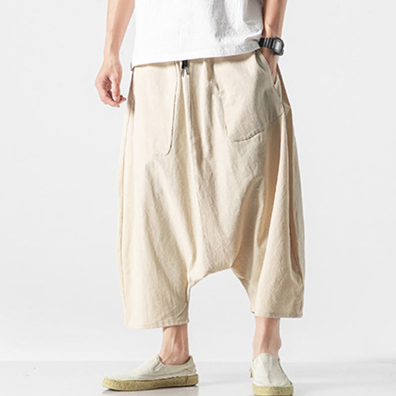Pantaloni da uomo in cotone e lino con coulisse, gamba larga, lunghezza 7-8, con tasche, modello Buddha Stones, casual, con cavallo basso