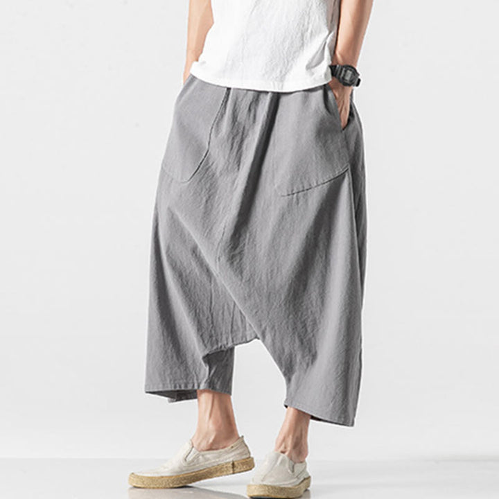 Pantaloni da uomo in cotone e lino con coulisse, gamba larga, lunghezza 7-8, con tasche, modello Buddha Stones, casual, con cavallo basso