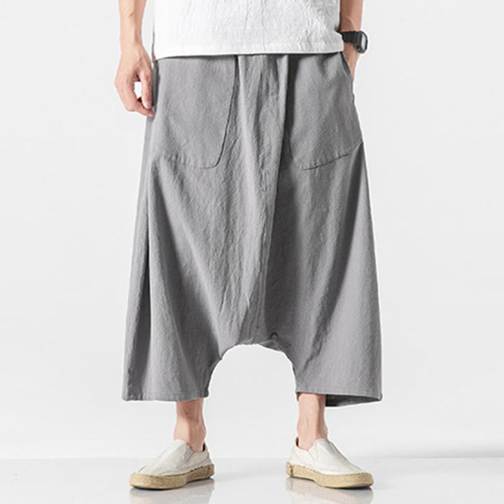 Pantaloni da uomo in cotone e lino con coulisse, gamba larga, lunghezza 7-8, con tasche, modello Buddha Stones, casual, con cavallo basso