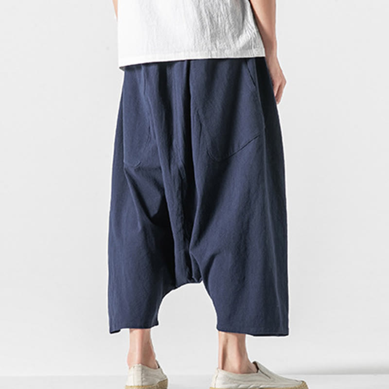 Pantaloni da uomo in cotone e lino con coulisse, gamba larga, lunghezza 7-8, con tasche, modello Buddha Stones, casual, con cavallo basso