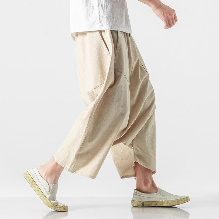Pantaloni da uomo in cotone e lino con coulisse, gamba larga, lunghezza 7-8, con tasche, modello Buddha Stones, casual, con cavallo basso